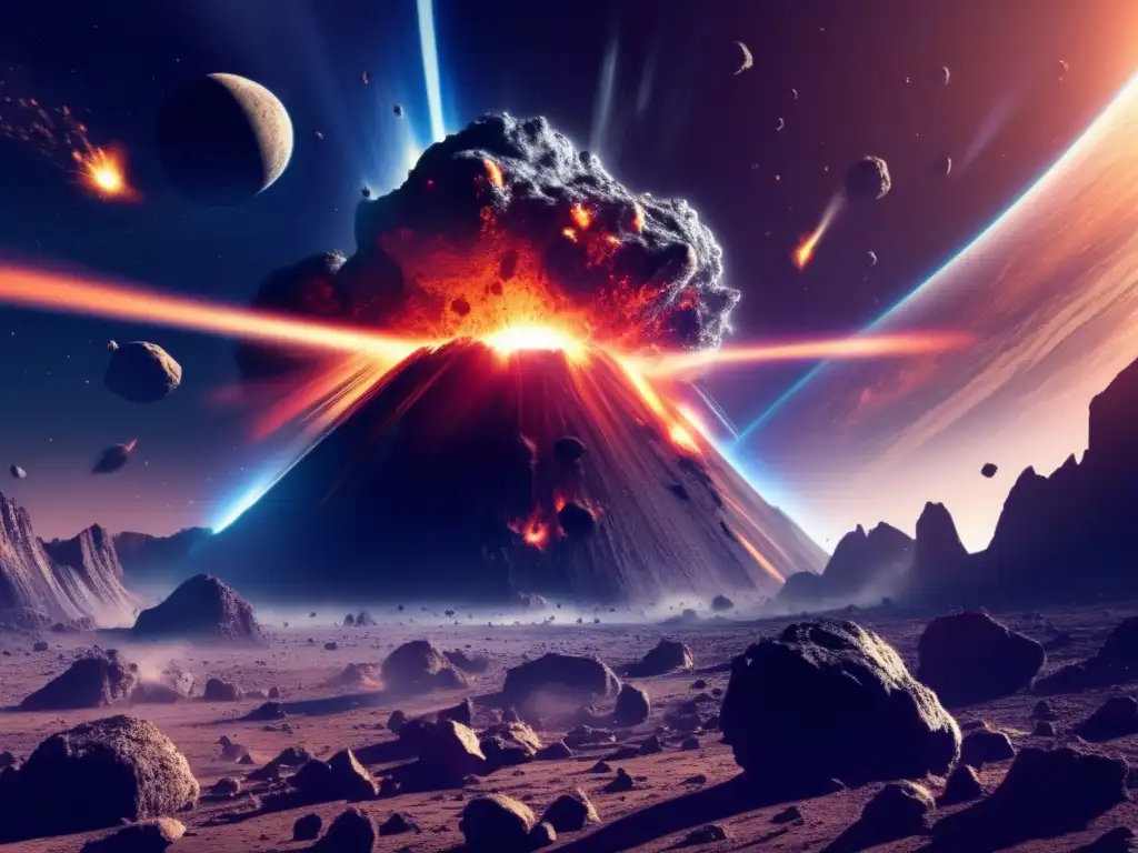 A photorealistic depiction of a planet being struck by an asteroid, causing widespread devastation and reshaping its future