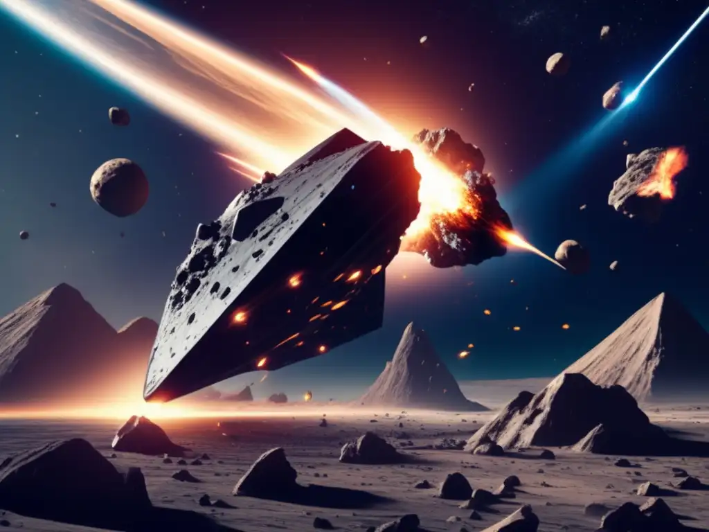Epic Asteroid Battle: 'Bucaneer' Denies the Dread Revolutionary Asteroids A breathtaking photorealistic image of a kamikazestyle asteroid collision with a futuristic spaceship named the 'Bucaneer'