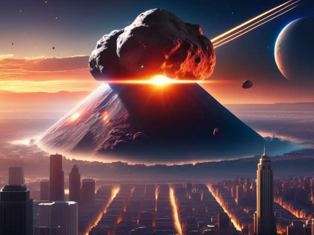 Asteroid Impact: Guardians Braving the Dangers to Save Earth An ominous asteroid looms over an Earth cityscape in the foreground as the sun rises behind it, casting a warm glow on the bustling metropolis