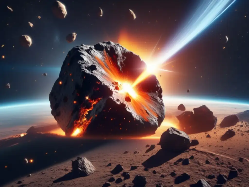Slow-Motion Disaster: Asteroid Impact on Earth! Dash: -Asteroid colliding with Earth in slow motion, debris flying off, sun and distant stars in the background