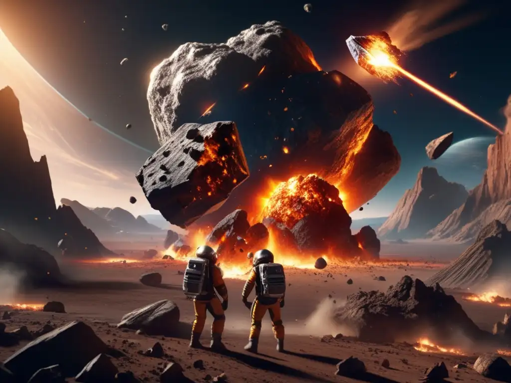 Catastrophic Asteroid Collision: Earth's Survival at Stake Captivating scene of Earth colliding with two asteroids, creating a cinematic experience with meteorite fragments, smoke, debris, and damage