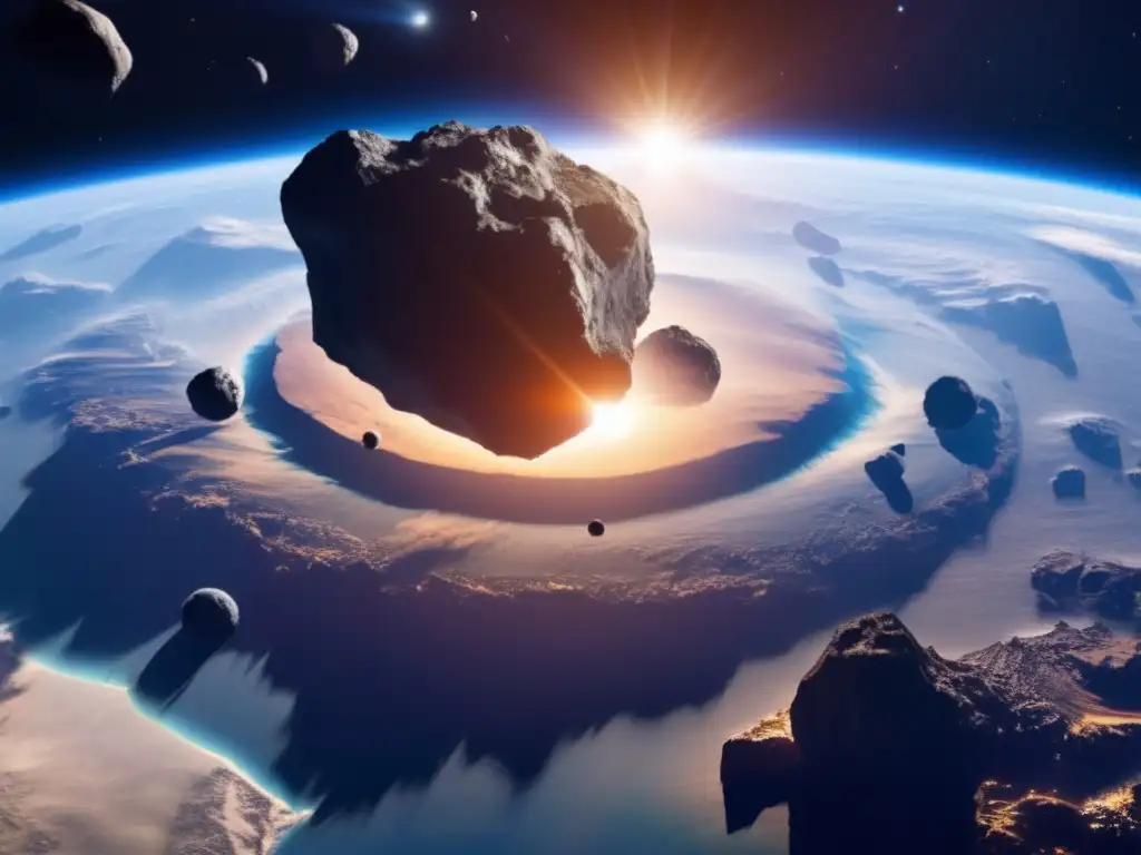 A stunning 8k image of Earth from space, with asteroids streaming past the planet