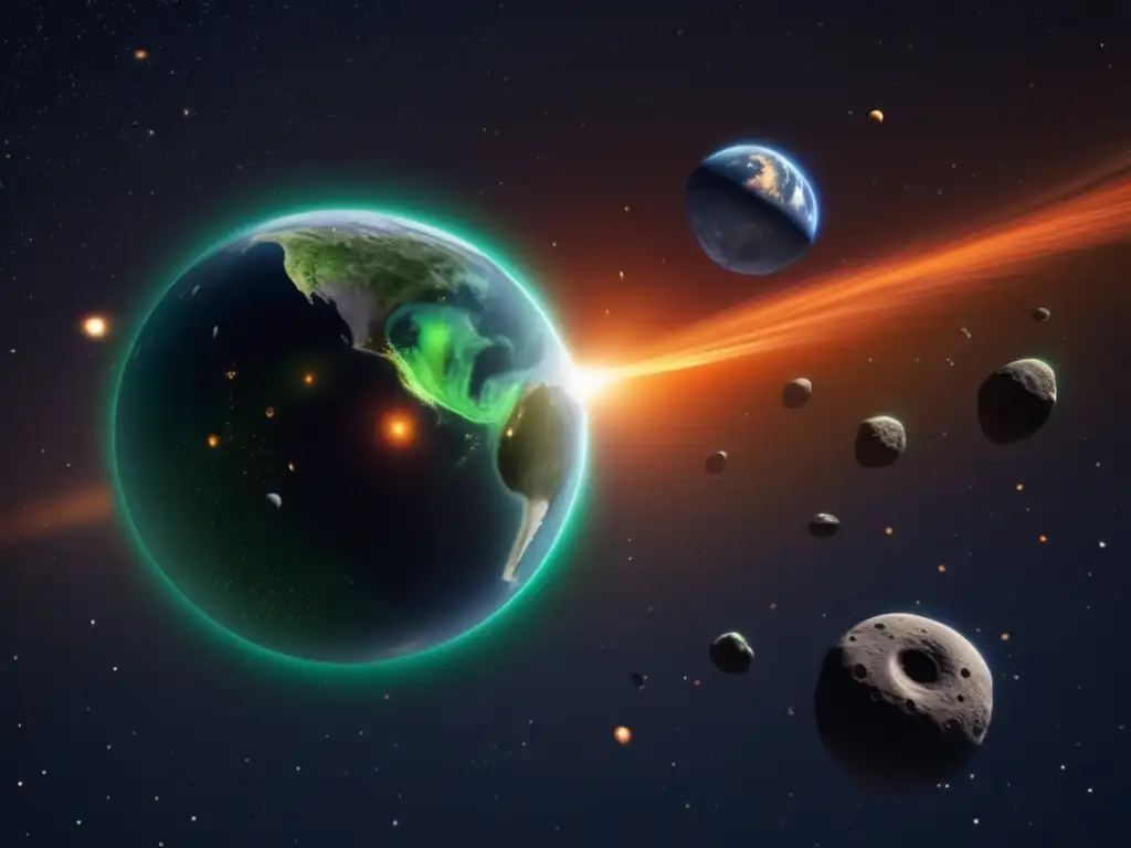 A breathtaking photorealistic image of a celestial body floating above Earth, depicting the potential of an asteroid collision