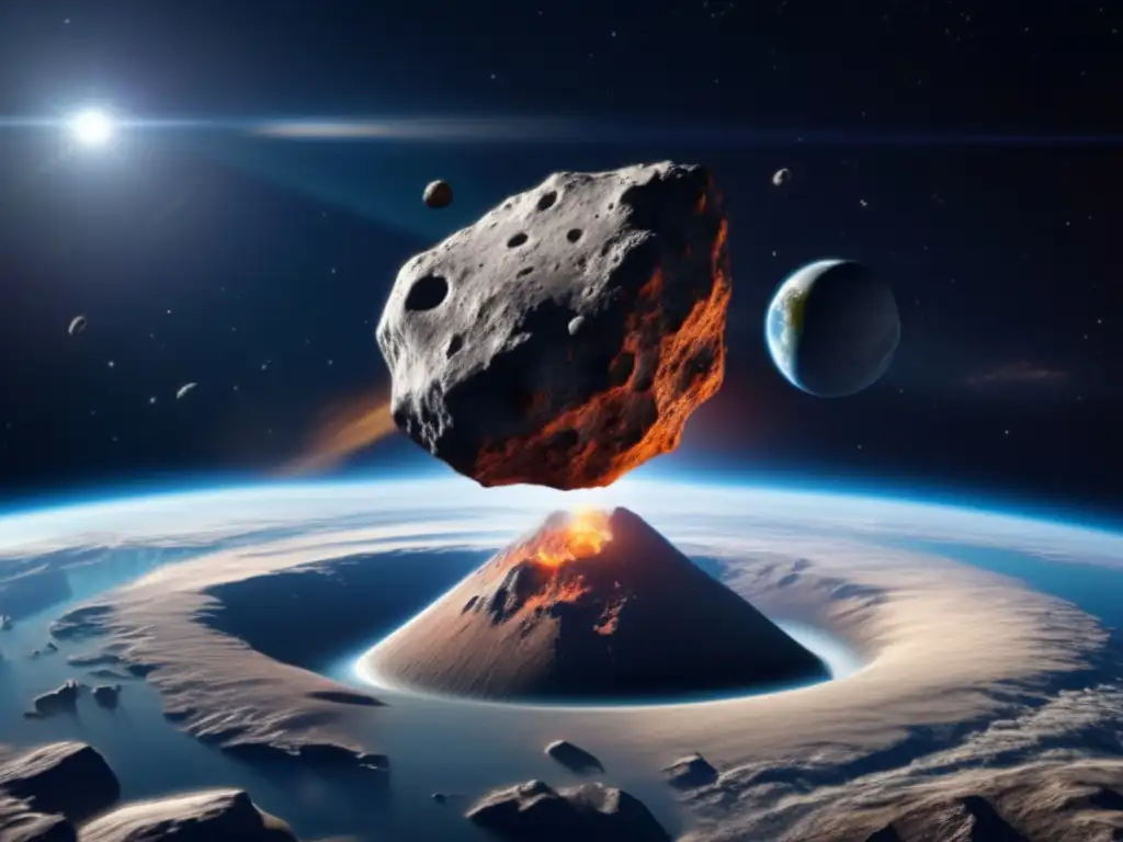 A photorealistic image of an asteroid hurtling towards Earth with scale, detail, and impact, showing glaciers and craters on its surface