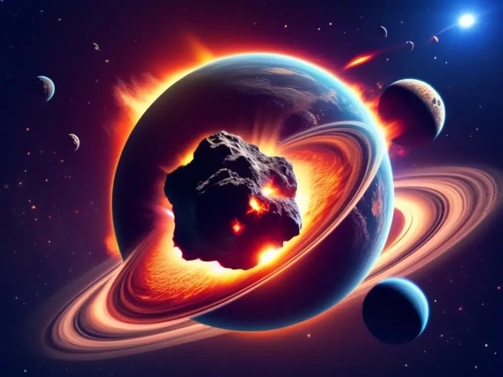 A photorealistic image of a small asteroid colliding with a planet, causing immense destruction and reshaping the planet's surface