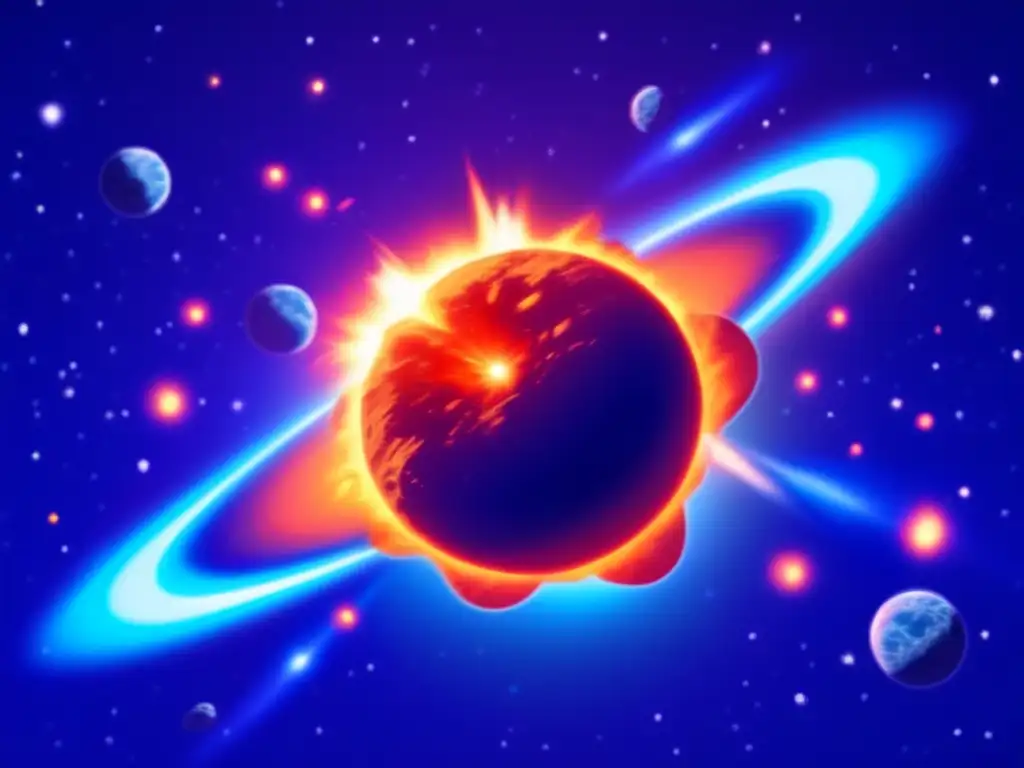A catastrophic explosion occurs when an fiery asteroid collides with a planet - Traces of the impact scatter in all directions, while the asteroid and planet remain closest to the crash
