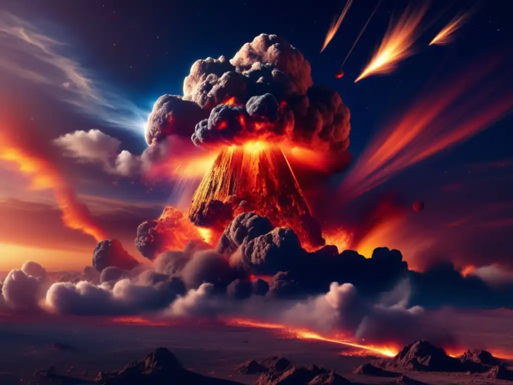 An asteroid collision with Earth's atmosphere creates a mesmerizing explosion of colors and fire that spreads across the sky