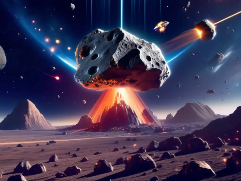 Asteroid Apocalypse: Spaceships Combine to Save Earth urgent-danger: Earth faces imminent asteroid impact, spaceships fire lasers to break it down, atmosphere and terrain visible while asteroid's composition reveals mining activities