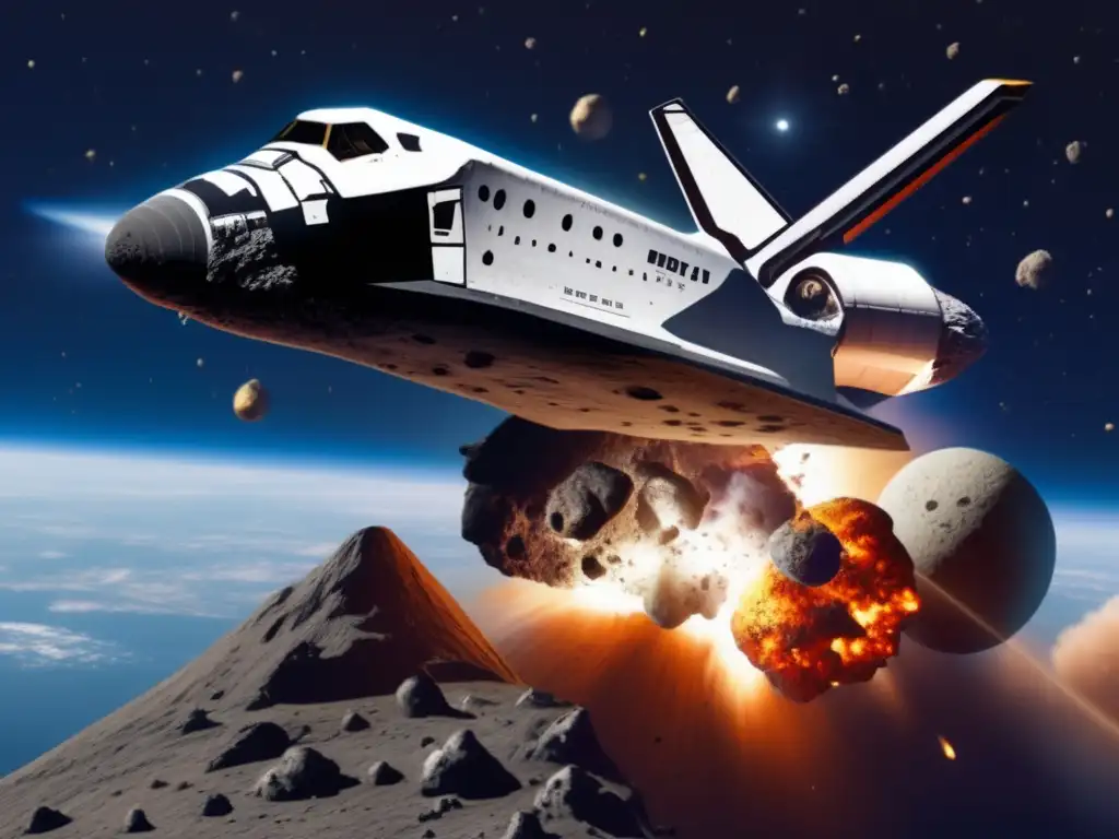 Asteroid Defense: Photorealistic Image - A photorealistic image of an asteroid relentlessly colliding with a space shuttle