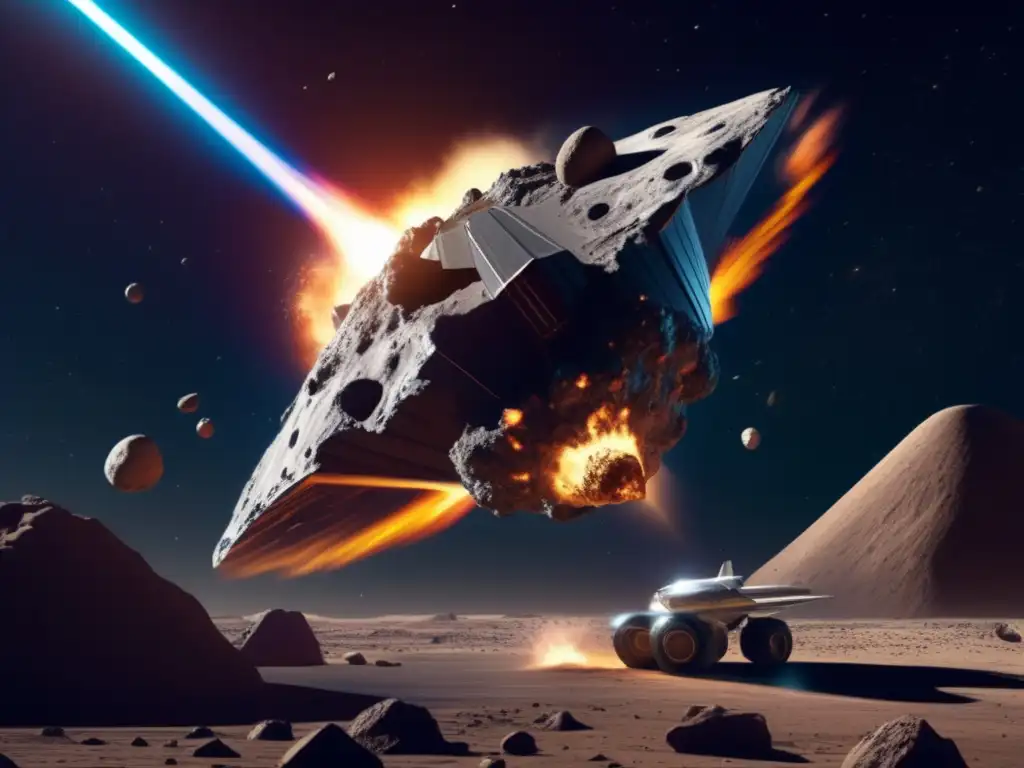 A stunning photorealistic depiction of a powerful asteroid collision with an Earth-bound spacecraft, captured in intricate detail