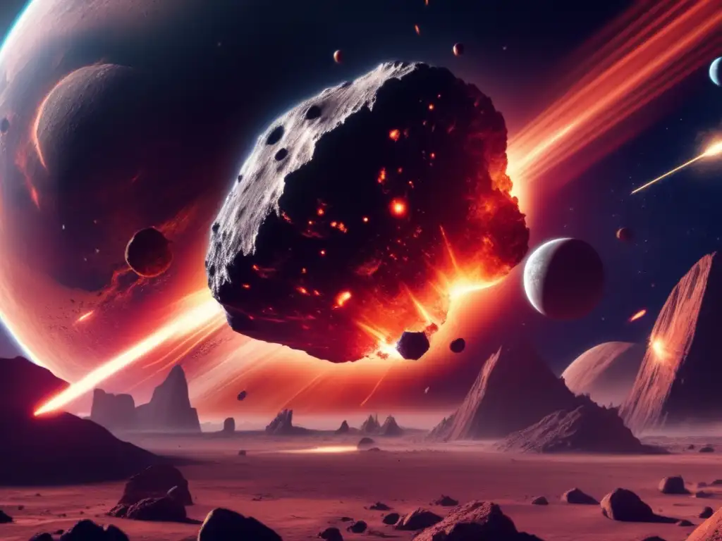 Impact of Ultima Thule: Muscular Titans Battle for Life A photorealistic depiction of a catastrophic asteroid collision with a reddishorange planet, as Titans in slow motion fight to survive