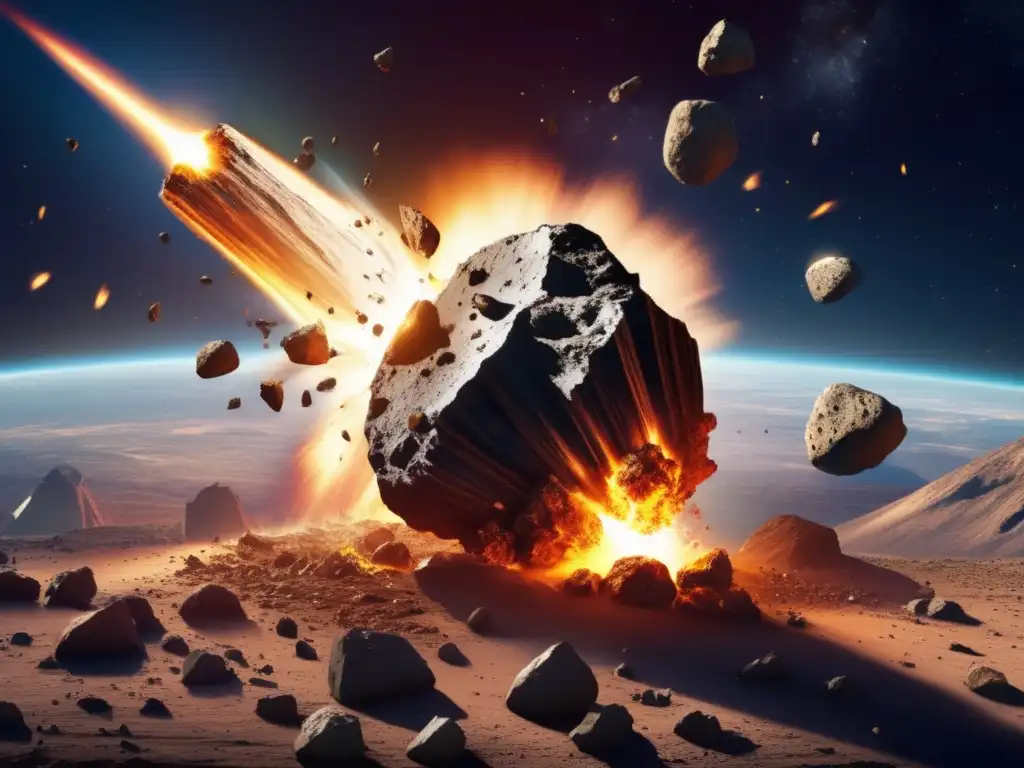 Two colossal space rocks collide in a spectacular explosion, illuminating the darkness of space