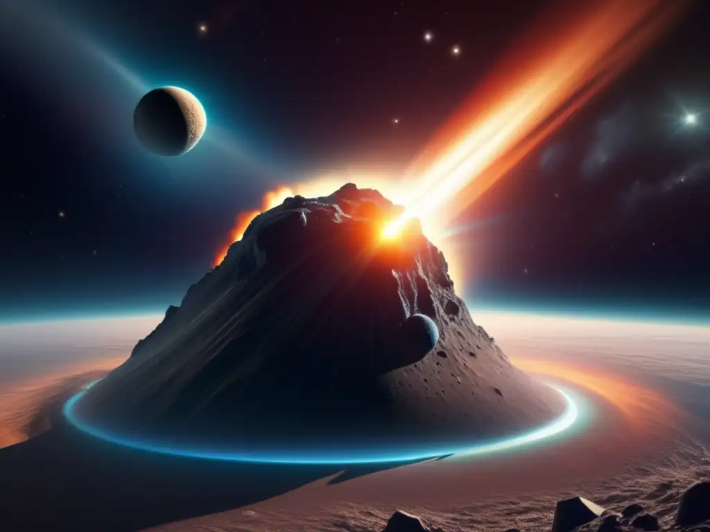 Distant Planet Encounter: Asteroid Comets and Swirling Clouds A breathtaking photorealistic image of a massive asteroid comet, surrounded by swirling clouds and glowing gases on a distant Earth-like planet