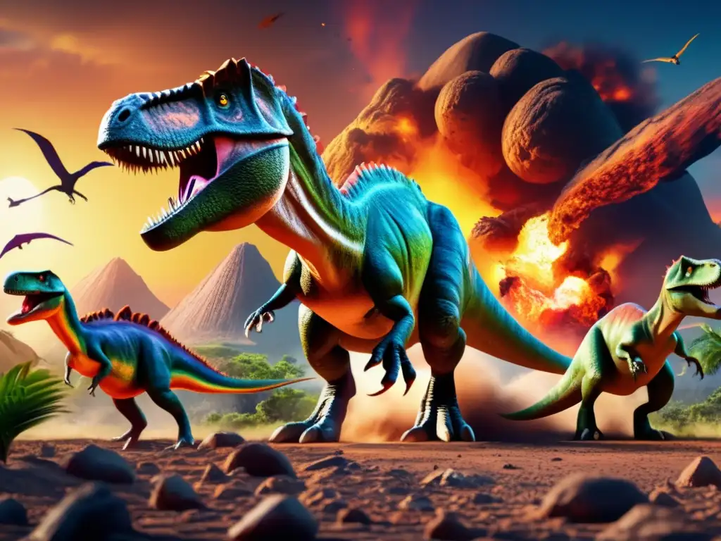 Meet the Meteor and the Dinosaur: A Stunning 8k Ultra-Detailed Image An 8k Ultradetailed image of a meteorite impacting the Earth, where a group of Dinosaurs are caught in the aftermath, brought to life with vibrant colors and intricate textures, evoking a sense of tragedy and loss for all who witness the extinction event