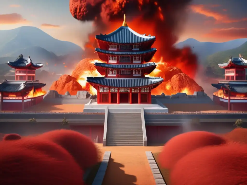 A photorealistic image of a 12th-century Korean temple destroyed by an asteroid impact