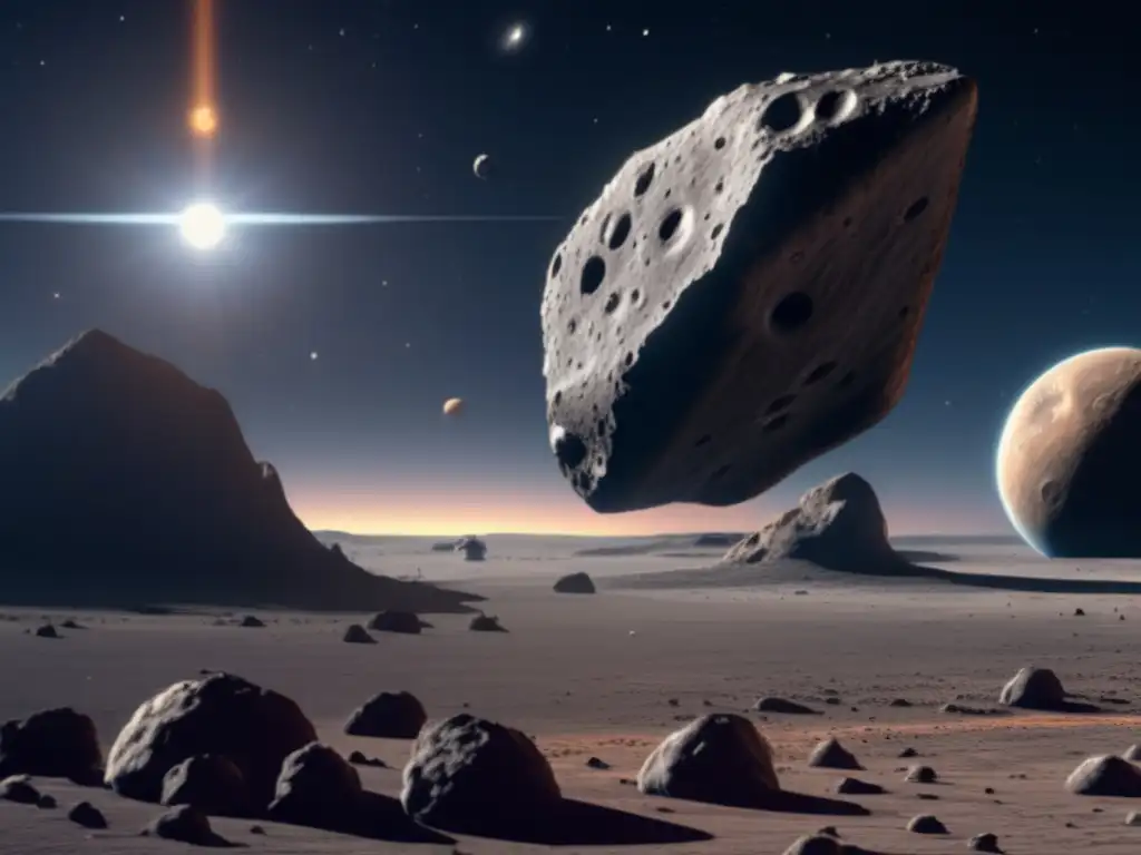 A photorealistic depiction of an Hippolochus-like asteroid, complete with craters, ridgetops, and valleys, dominates a crosssectional view