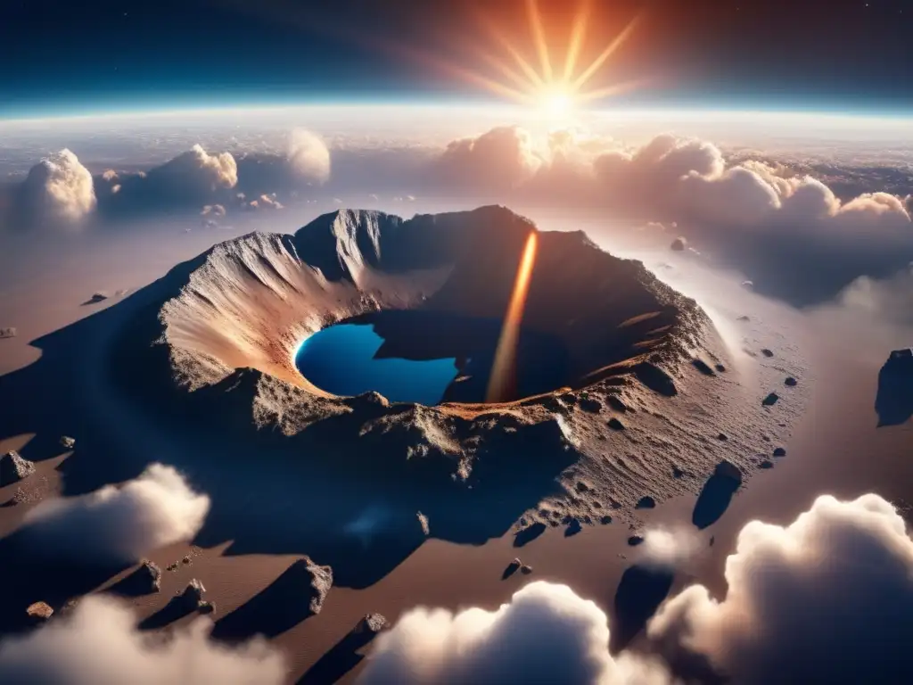A breathtaking view of an asteroid crater captured from above, surrounded by clouds and debris, with a crystal-clear sky and a bright sun illuminating its surface