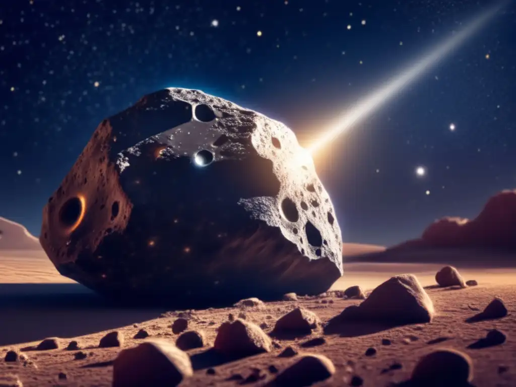 An awe-inspiring celestial body, the asteroid shimmers with intricate craters and surface texture, set against a star-studded night sky