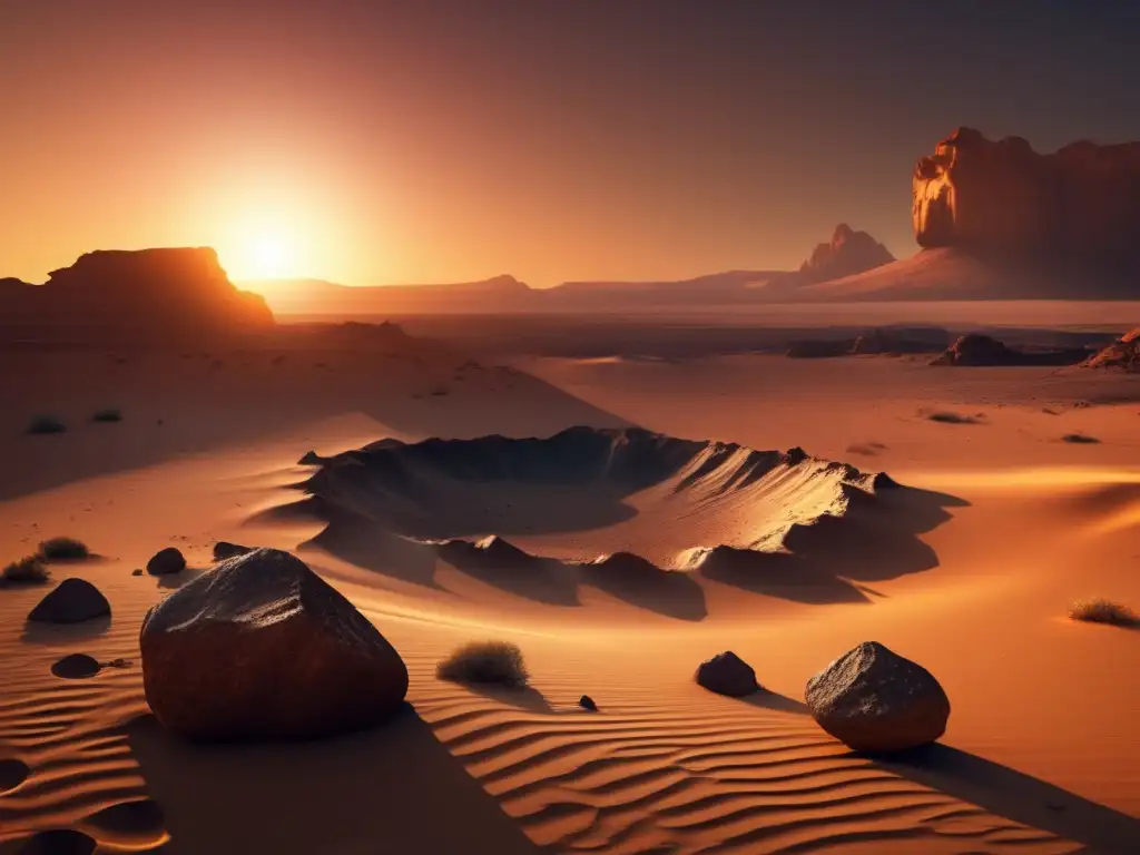 Dash: Large asteroid crater in desert landscape, surrounded by rocks and sand