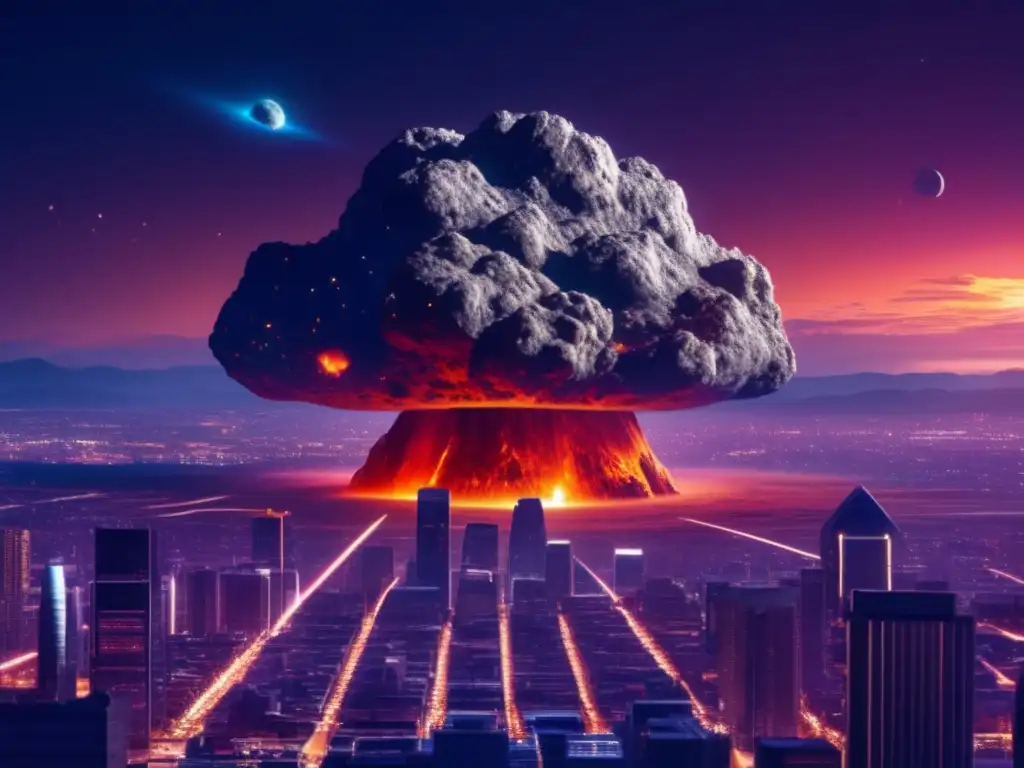 A photorealistic image of a colossal asteroid barreling towards a city skyline at night