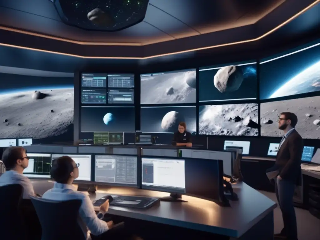 Photorealistic image depicts a team of scientists and engineers monitoring a massive asteroid heading towards Earth