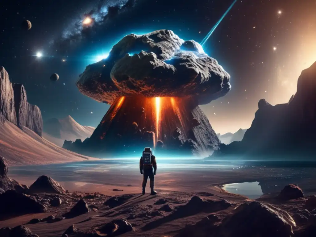 Gigantic asteroid falling towards Earth with crystalc right face on side, buzzing with dust and debris, creating an eerie glow