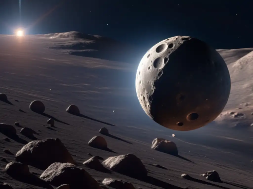 Dash:In this breathtaking photorealistic image, NASA's Dawn spacecraft orbits around the rugged and cratered terrain of asteroid Chiron