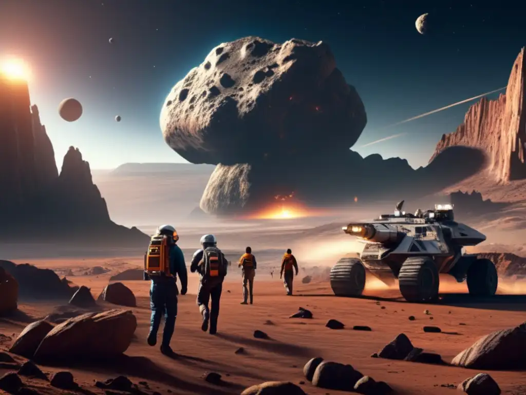 A breathtaking photorealistic depiction of a 100-meter asteroid transformed into a vibrant daily life setting with civilians strolling around buildings and structures