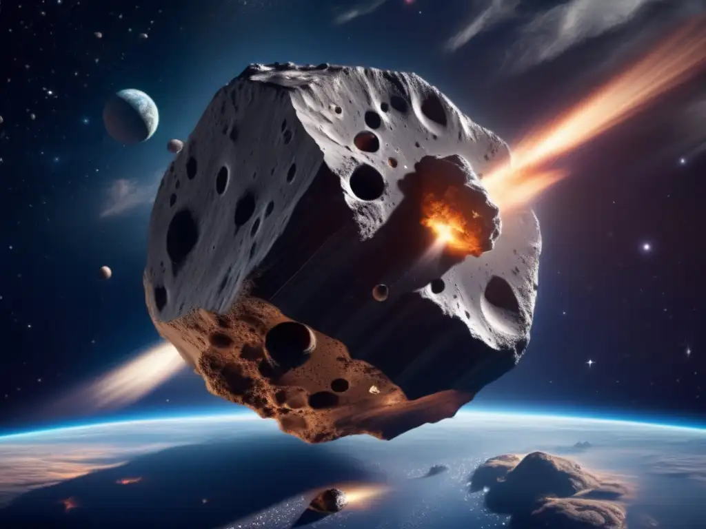 A stunning, high-resolution image of an asteroid descending through Earth's atmosphere, its metallic surface glinting in the light