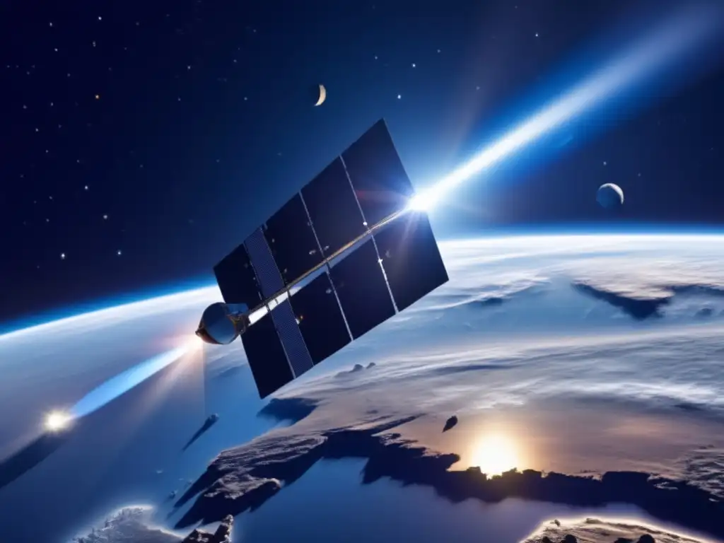 A satellite's stretched shadow reaches Earth, symbolizing the threat of a neo asteroid orbiting closer in the expanse of space
