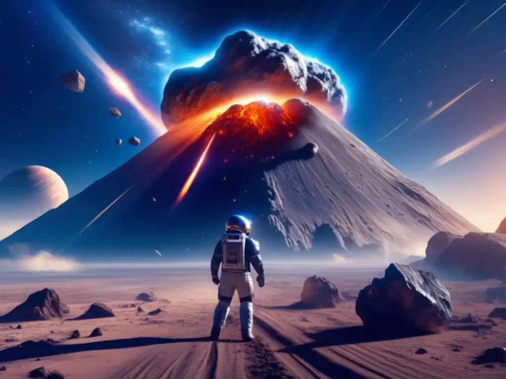 A photorealistic image of a massive asteroid streaking across the sky with trails of debris behind it, surrounded by a bright blue and white nebula