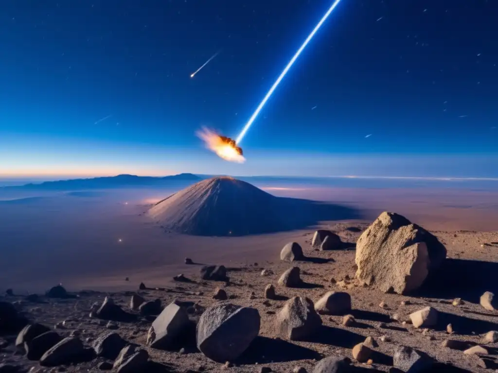 A breathtaking aerial view of a fiery asteroid surrounded by a trail of debris