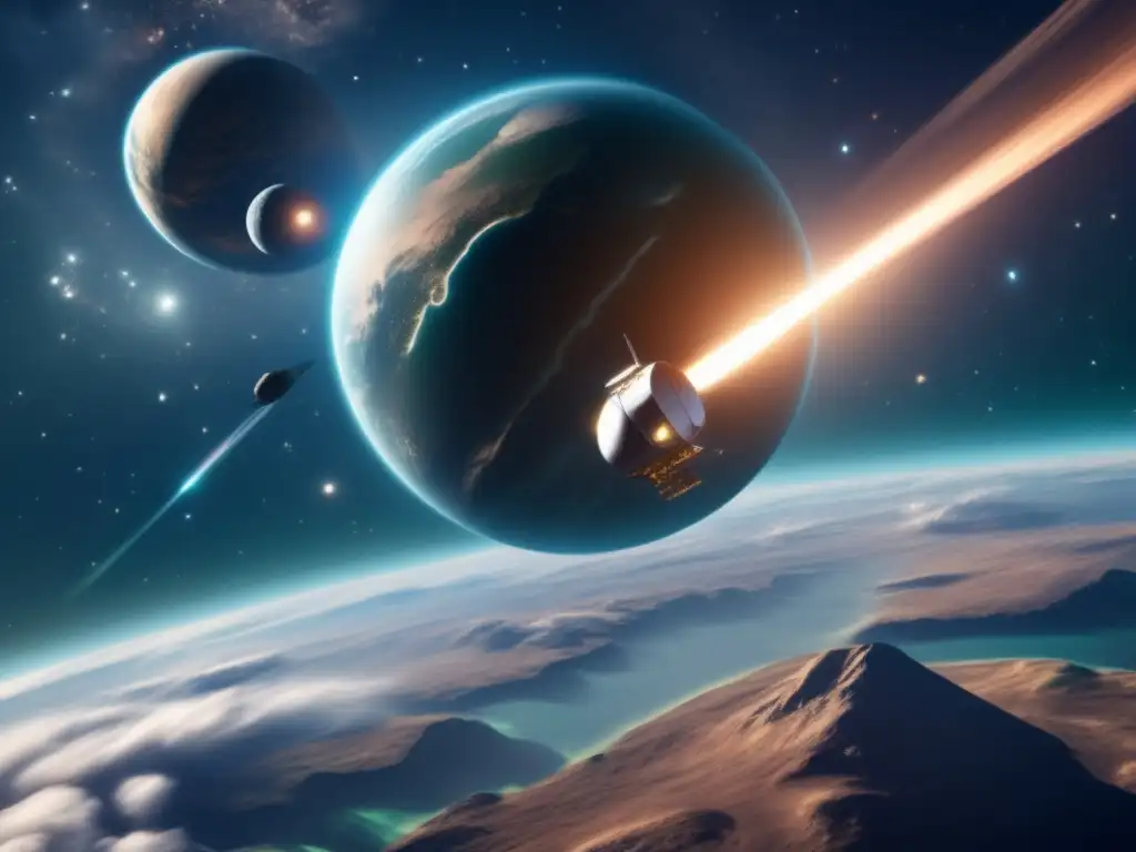 Futuristic satellite platform surrounded by swirling clouds, emitting jets of fire against the bluegreen planet for Asteroid Defense