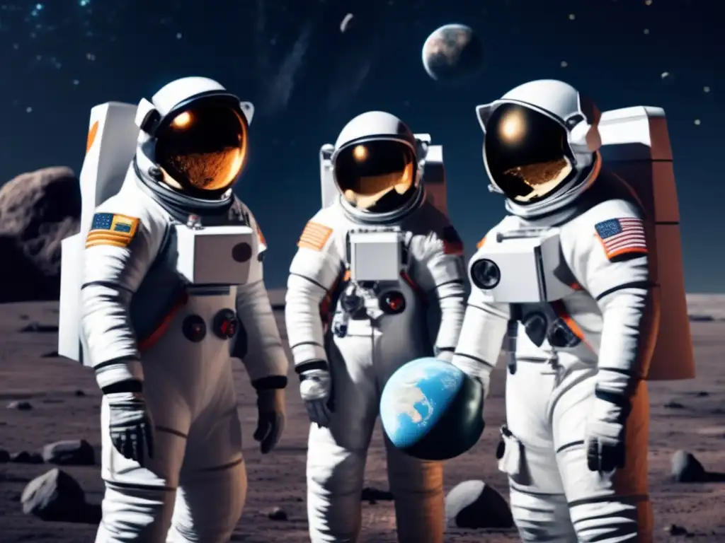 A team of brave astronauts in protective gear collaborate in space to save Earth from an imminent asteroid strike