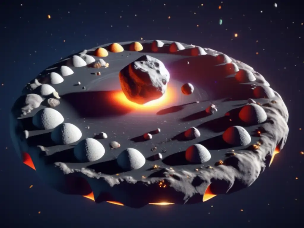 A dark asteroid with detailed answers in the cosmos, accompanied by satellites colorcoded with arrows pointing towards an inevitable impact