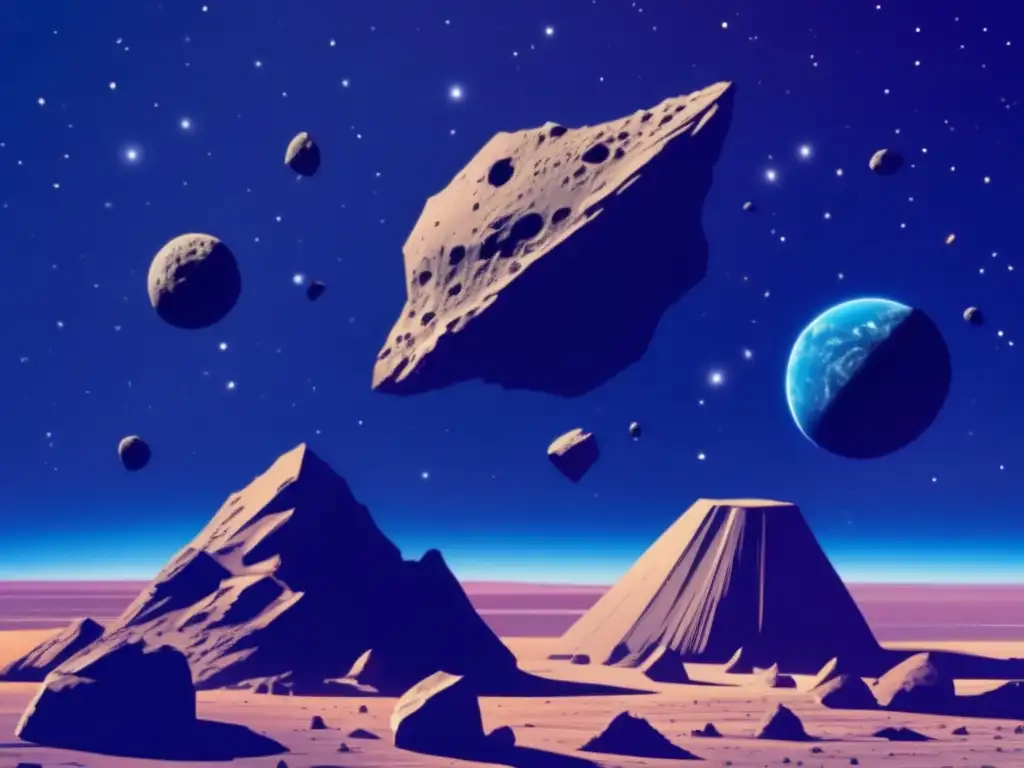 A stunning photograph of asteroids, with jagged surfaces and sharp contours visible, surrounded by a deep, blue space