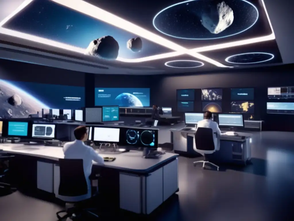A close-up of scientists and engineers in a high-tech laboratory, focused on their work to defend Earth from asteroids