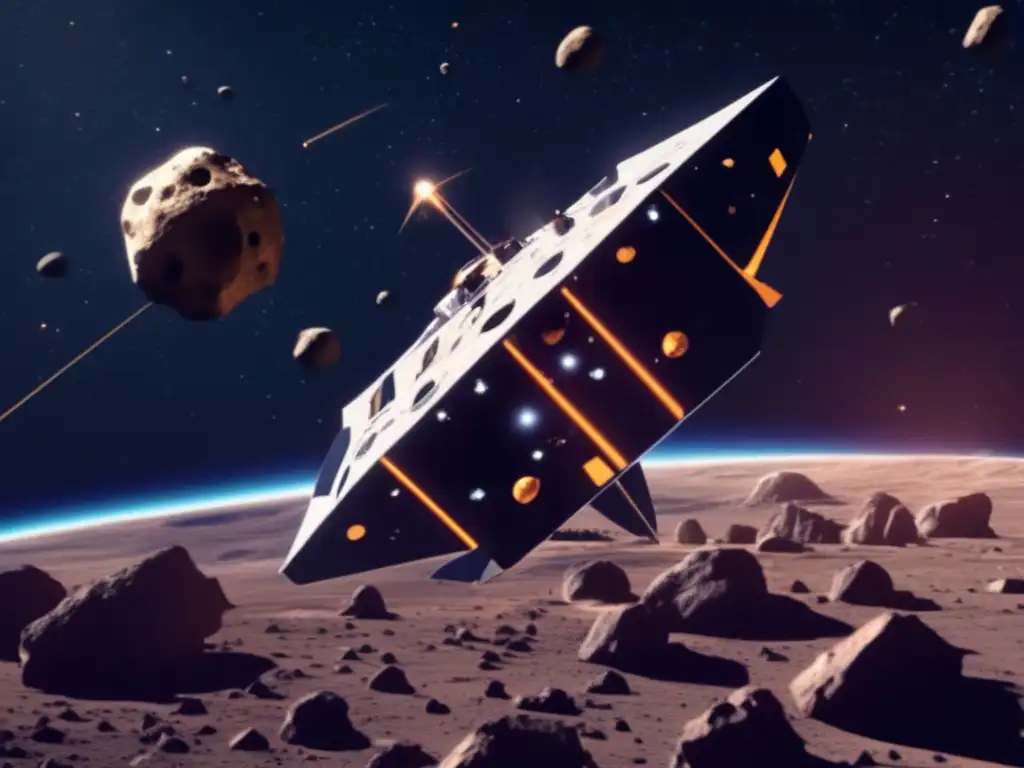 A mesmerizing spacecraft protects against the vast and dangerous asteroids, hovering through the dark cosmos with precision