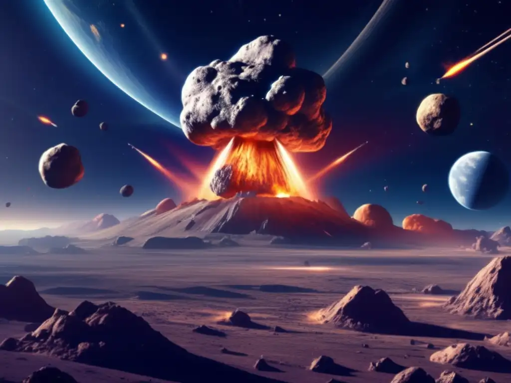 A colossal asteroid threatens the Earth as advanced defense measures encircle it in this photorealistic, high-resolution image