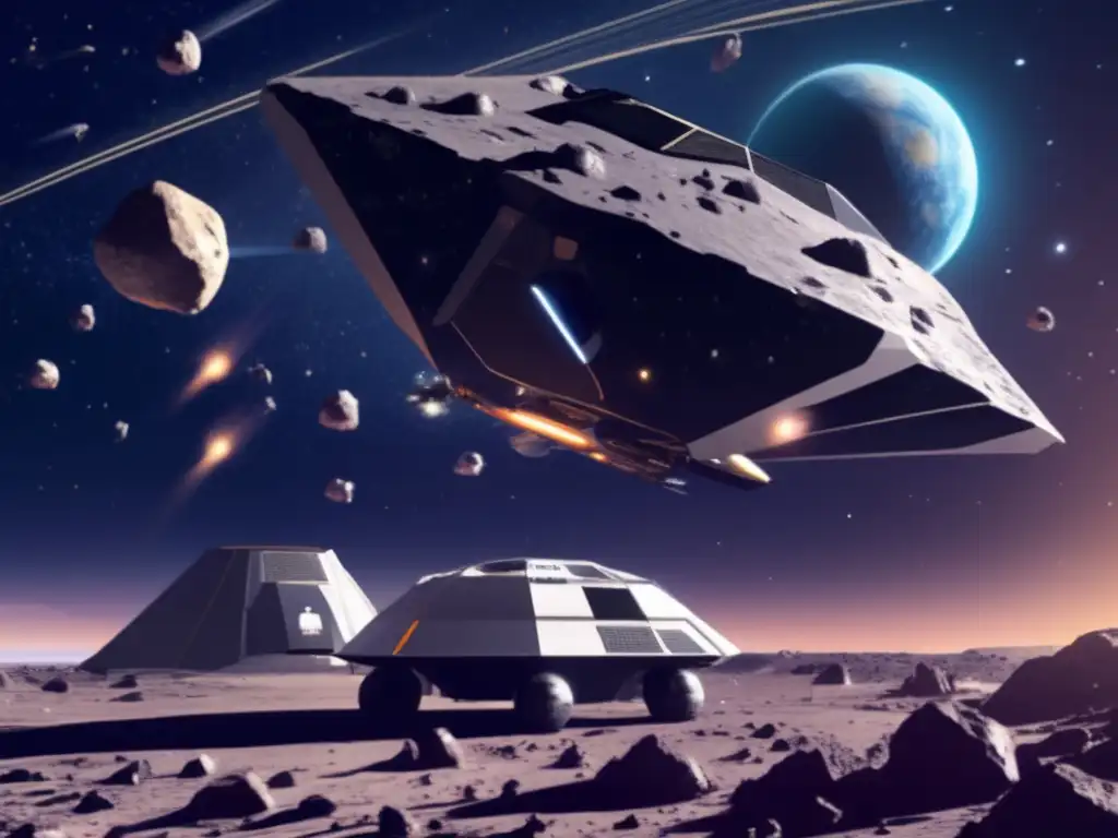 A photorealistic depiction of an advanced asteroid defense platform floating in space's endless sea, surrounded by asteroids and meteor showers