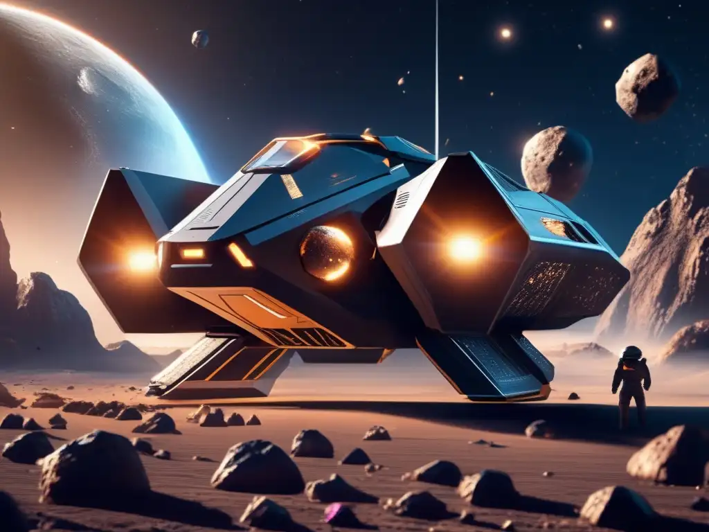 A sleek, futuristic spacecraft soars through a dense asteroid field, equipped with state-of-the-art defense strategies
