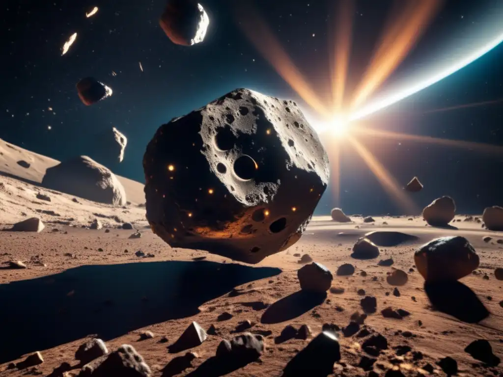 A perilous yet breathtaking photo of an asteroid, with intricate detail and texture on its surface, surrounded by smaller asteroids and debris