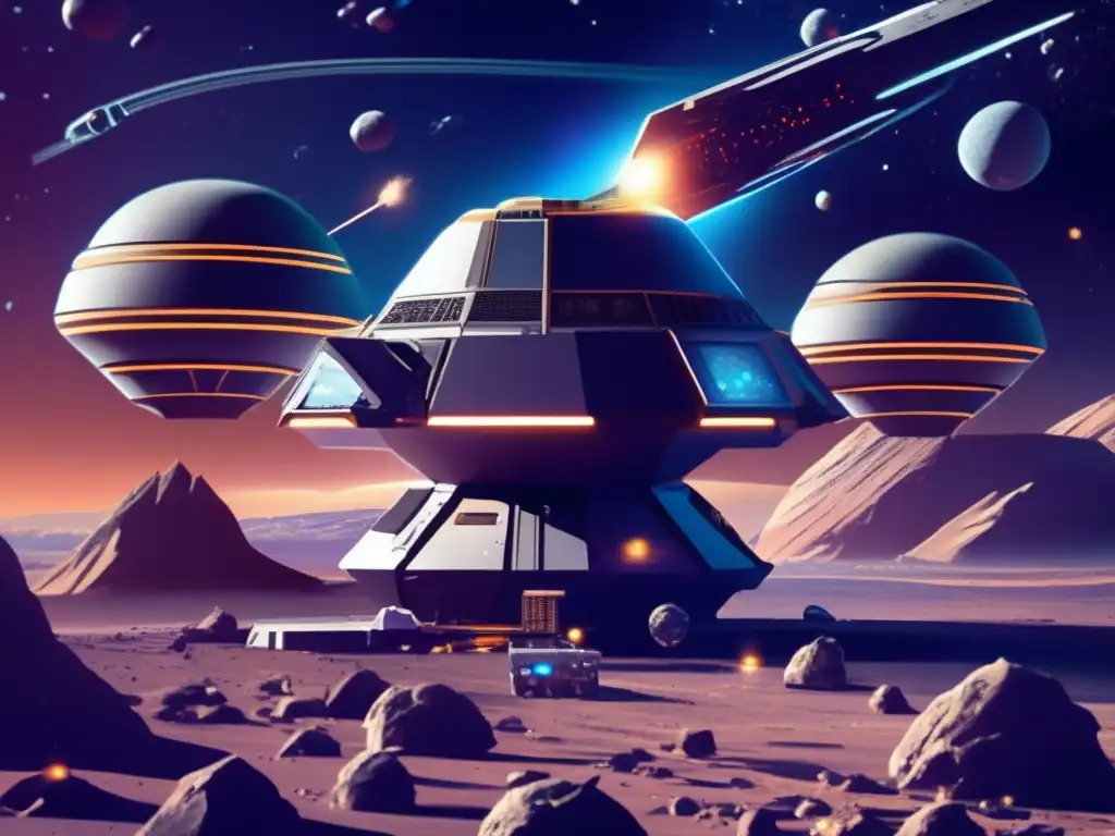 An exciting image of a futuristic asteroid defense station docked in the middle of a comet-filled expanse