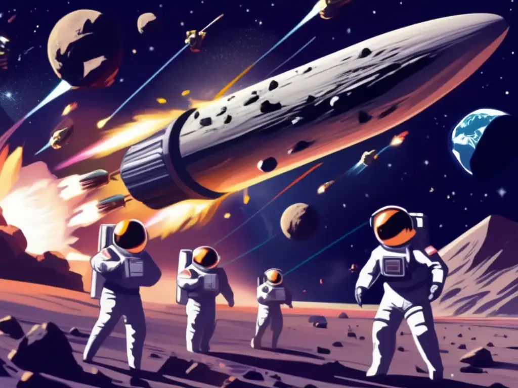 A stunning image of a contemporary asteroid defense strategy in action, depicting a swarm of interstellar rockets firing simultaneously to destroy a massive asteroid that's hurtling towards Earth