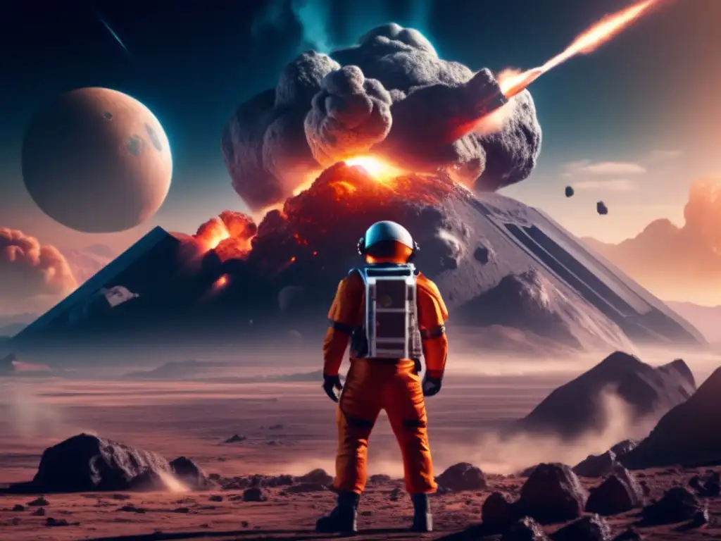 Defiant Asteroid Defense: Smoke on Marslike Landscape An intense asteroid defense strategy underway on a vibrant asteroid amidst the Mars-like terrain