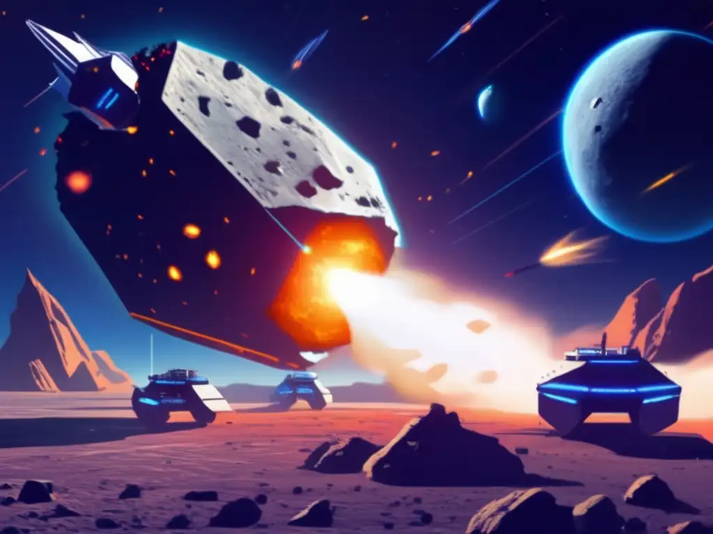 Futuristic asteroid defense system: ships or stations orbiting, laser-equipped, vaporizing rock, fine dust netted, shields created, asteroid-destroying fleet, jagged, dark, intricate, side-lit, lasers casting beams, stars, galactic structures