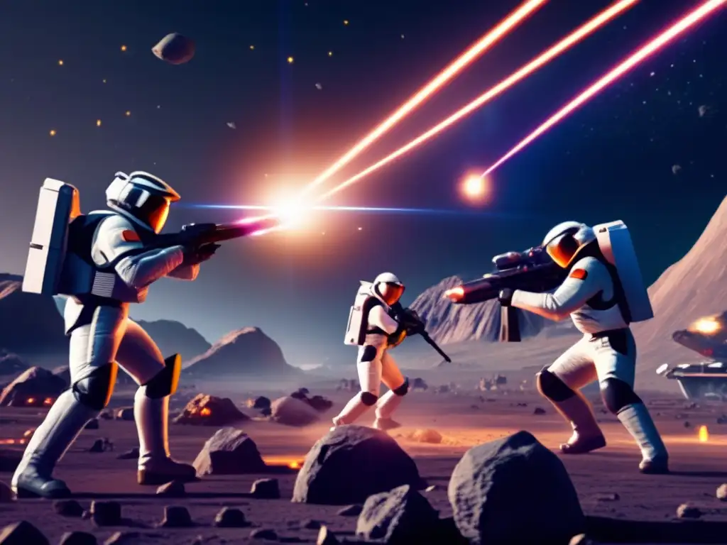 Asteroid Defense Squad Protects Earth: High-Resolution Image A thrilling image of a fully-equipped asteroid defense team bravely protecting Earth from extraterrestrial threats in an asteroid field