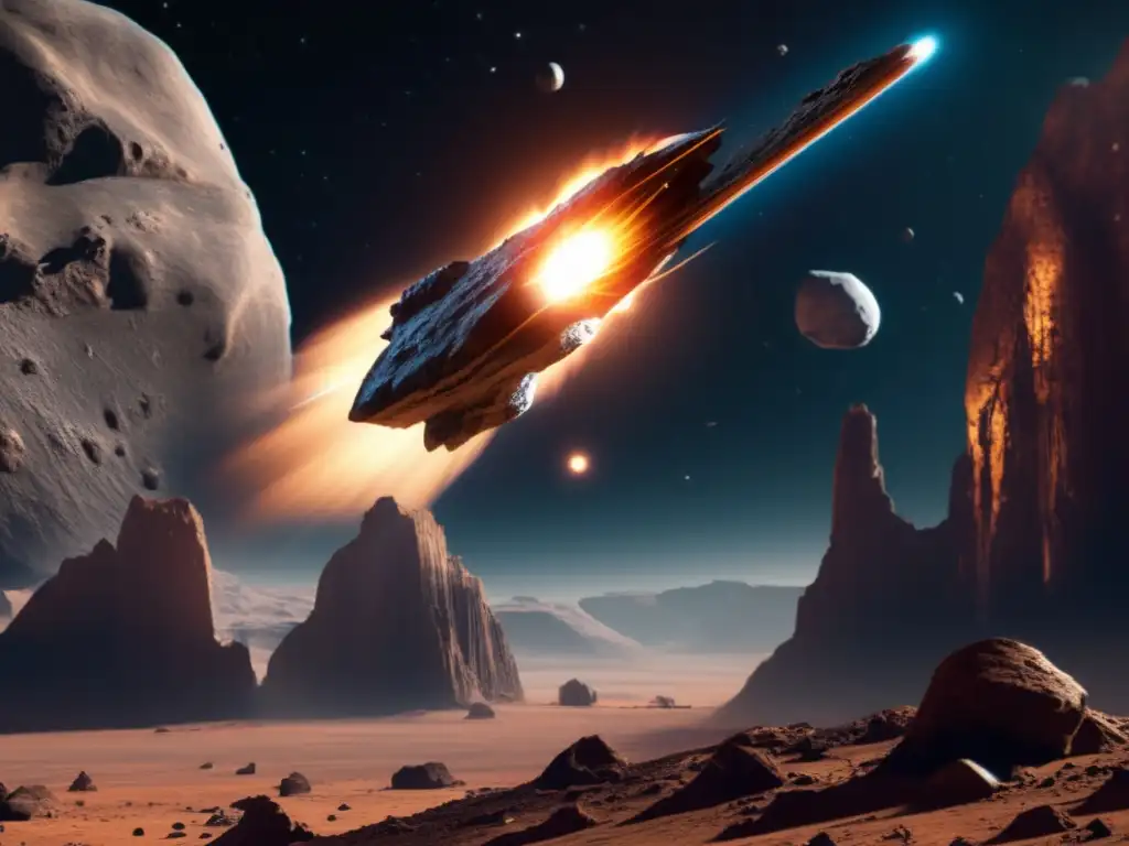 A breathtaking photorealistic image of an asteroid and a spaceship hovering nearby, showcasing intricate details and atmospheric lighting