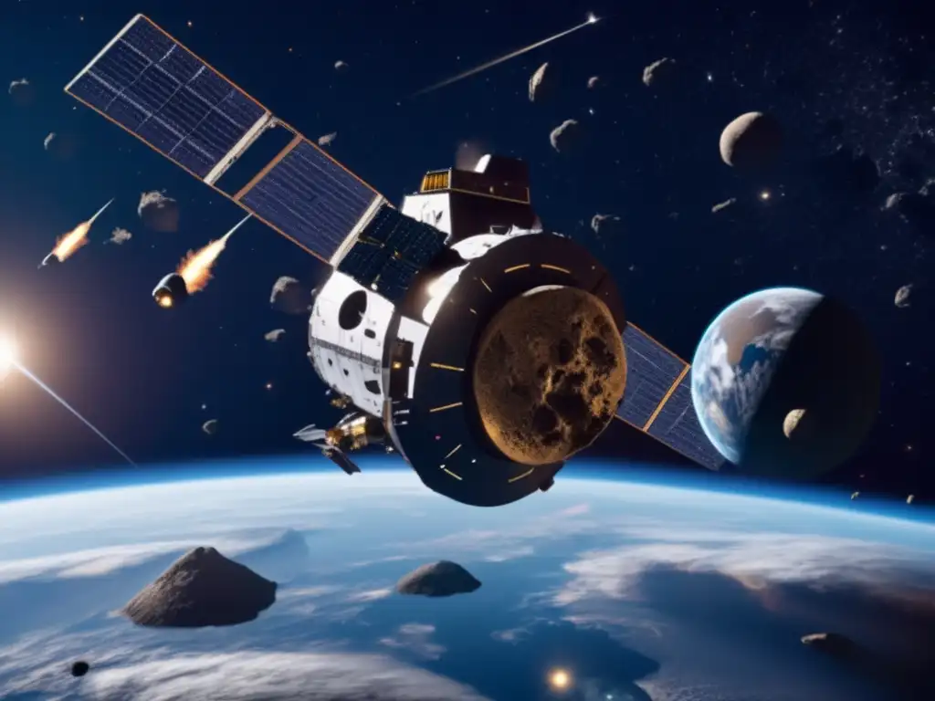   Rocket Barrier: An image captures a satellite orbiting Earth, surrounded by intricate asteroids