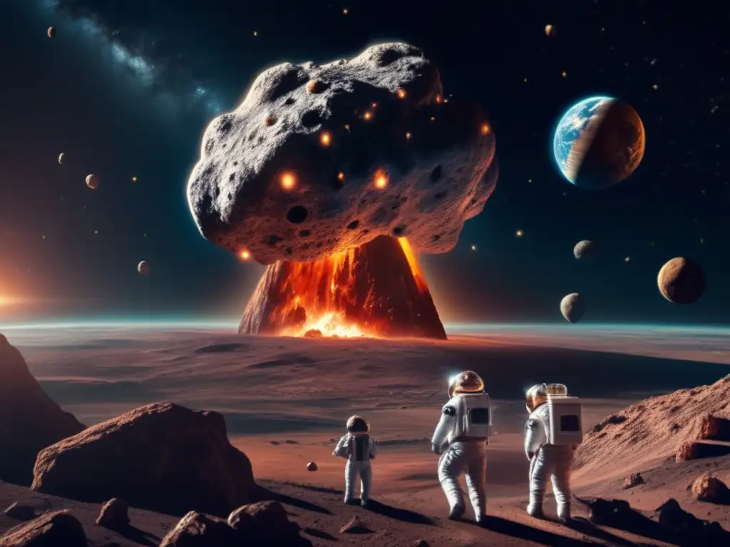 A close-up of a roaring asteroid hurtling past Earth, dwarfing the tiny planet's cities in the distance